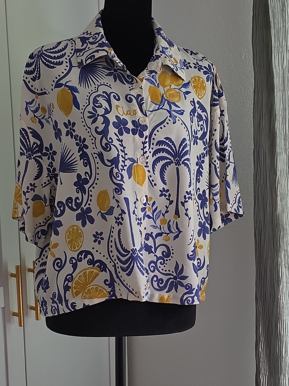 Women’s Blue & Yellow Lemon Print Button-Up Blouse
